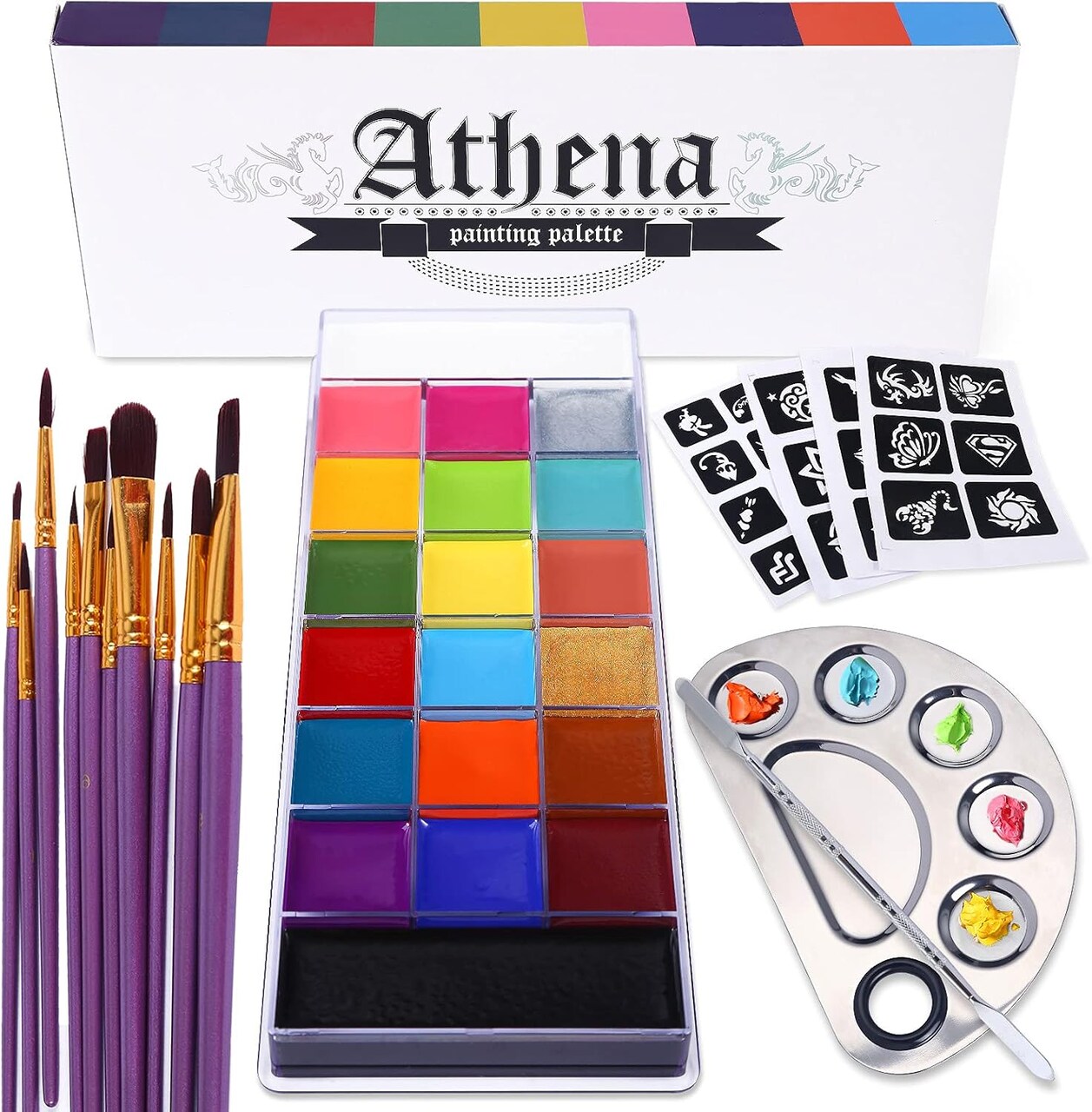 Athena 20 Colors Face & Body Paint Oil Makeup Kit, Halloween FX Professional Set with 10 Brushes, Stainless Steel Mixing Palette, Spatula & Tattoo Stencils for Party Cosplay Art
